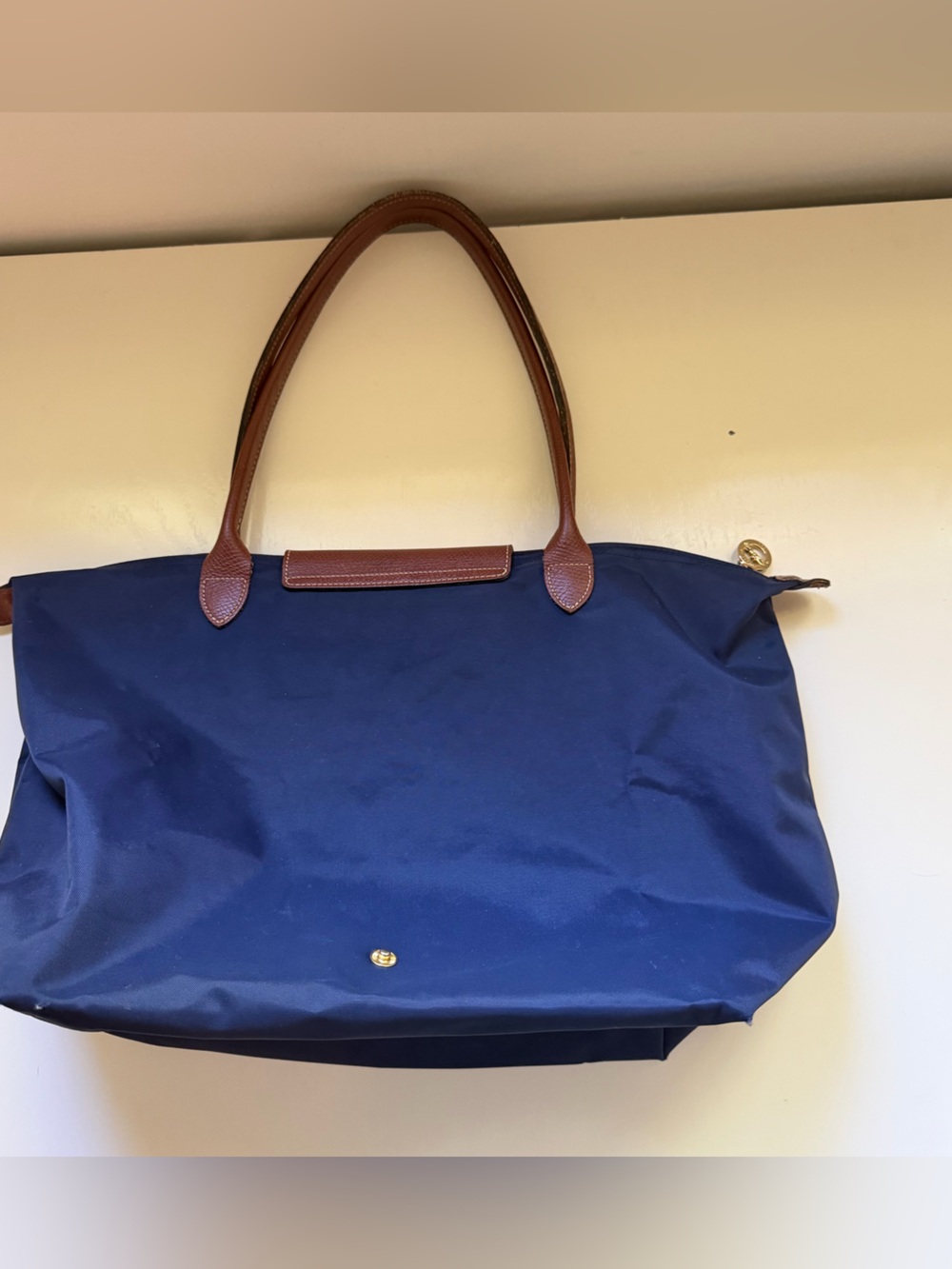 Longchamp La Pliage Tote Navy Blue Nylon Leather Classic Authentic - Picture 3 of 16